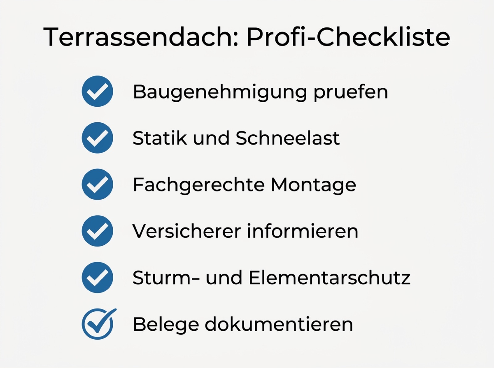 Infografik mit sechs Punkten der Terrassendach-Checkliste, von der Baugenehmigung bis zur Dokumentation