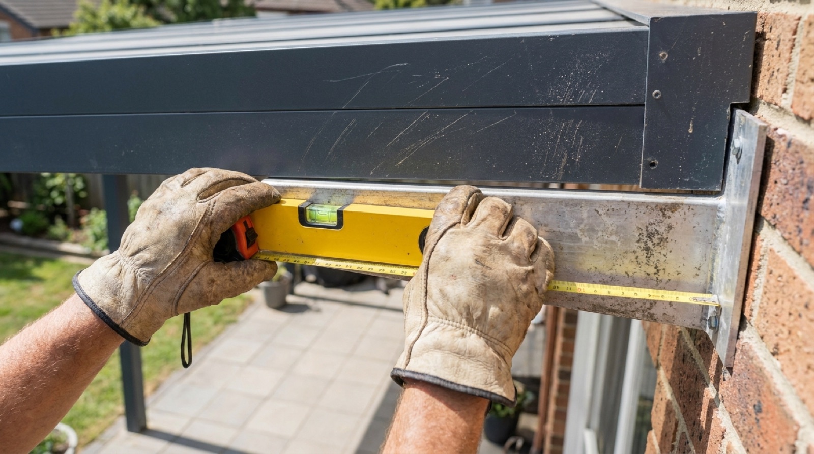 Monteur prüft mit Wasserwaage und Zollstock die Wandverankerung eines Aluminium-Terrassendachs