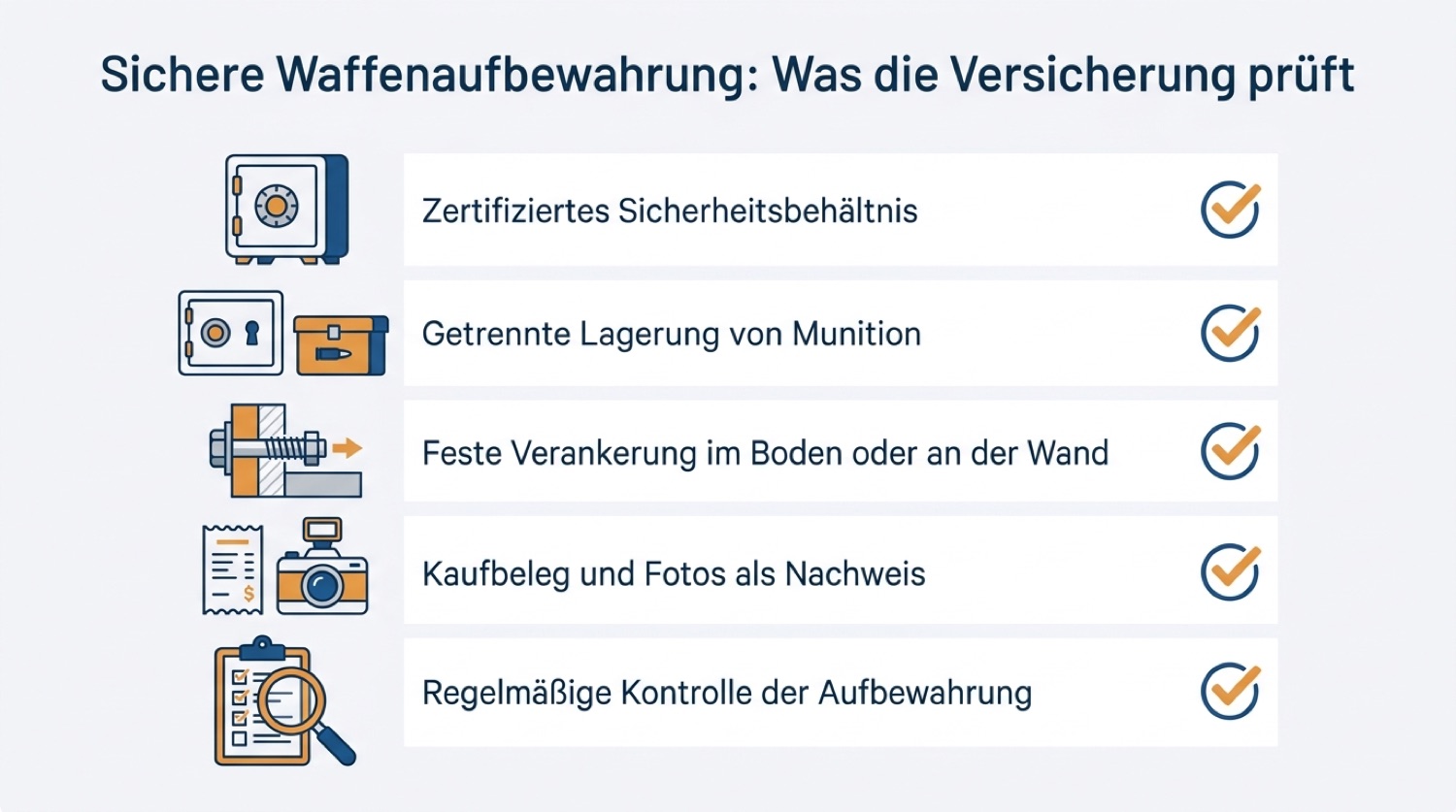 Checkliste zur sicheren Waffenaufbewahrung mit Sicherheitsbehältnis, getrennter Munitionslagerung, Verankerung, Nachweisdokumenten und Kontrolle
